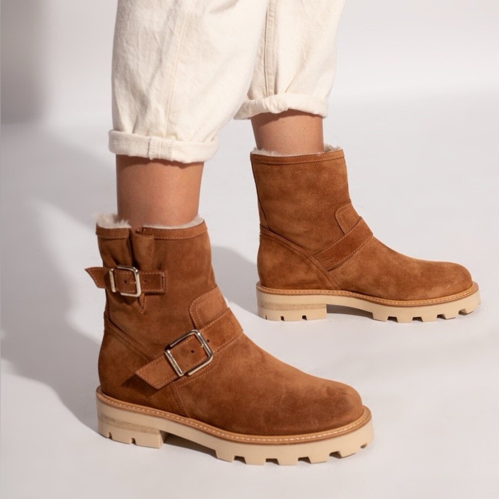Jimmy Choo Youth II Biker Boots Shearling Lined Tan Leather Size 36